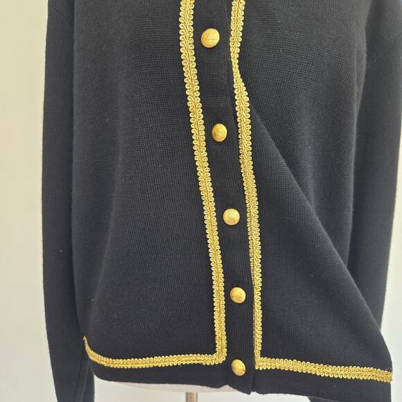 Vintage Talbots Wool Cardigan Sweater Black Gold Trim Holiday Women Large - Picture 6 of 11
